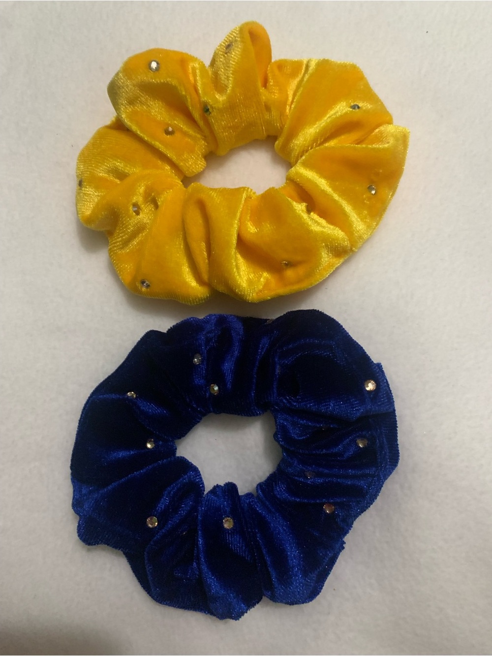 Velvet Scrunchie Set With Gold Rhinestones - Yellow & Blue